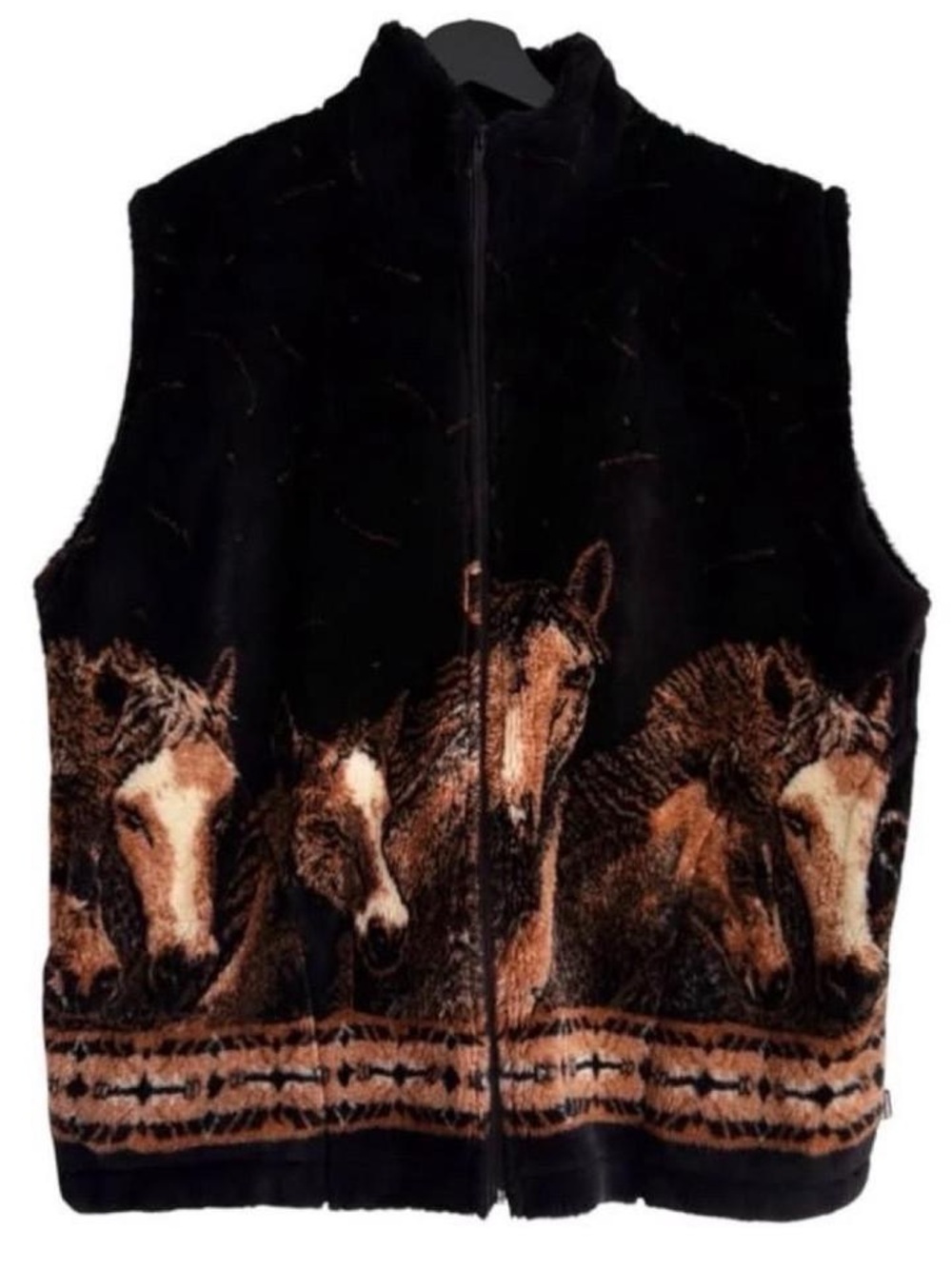 Vintage Black Fleece Vest with Brown Horse Print Sleeveless Jacket Sweater Y2K